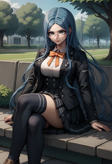 score_9, score_8_up, score_7_up, 1girl, sitting, smirk, crossed legs, <lora:TsumugiDR-pdxl:1> defTsu, long hair, grey eyes, blue hair, glasses, black jacket, open jacket, long sleeves, white shirt, collared shirt, large breasts, orange bowtie, high-waist skirt, black skirt, pleated skirt, thighs, kneehighs, black socks, brown footwear, outdoors, park