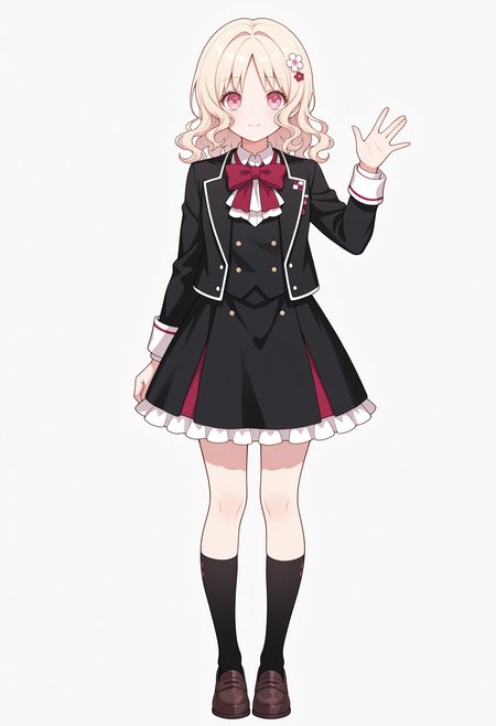 1girl,solo, pink eyes, blonde hair, wavy hair, hair flower,
black jacket, white shirt, collared shirt, red bowtie, black skirt, frilled skirt, black socks, loafers,full body, straight on, simple background, white ascot, light smile, waving, 
,masterpiece,best quality,amazing quality,
<lora:NoobV065sHyperDmd:.5> <lora:yui_komori_meipaws:1>