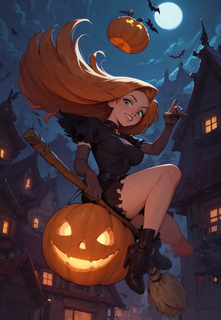 safe_pos, score_9, score_8_up, score_8_up, godrays, Halloween party, spooky, cute ghosts, costume, pumpkins, candles, Kim Possible, 30 years old, orange hair, witch, flying, on broom, black cat, freckles, sexy, witch outfit,  party, pumpkins, jack-o'-lantern, dynamic angle, high angle