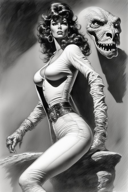 <lora:Richard Hescox Style:1>Richard Hescox Style - a full-length woman, the genre of the artist Boris Vallejo, high detail of the character, black and white drawing graphics like in comics