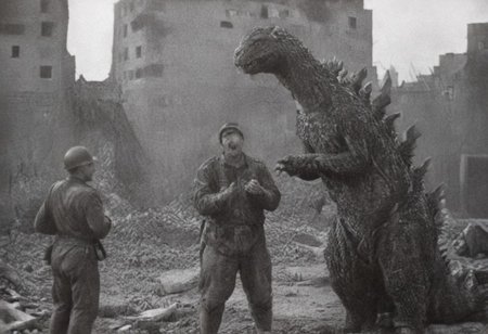 monochrome, photo,photo defects, old photo,blurry, low quality, old photo defects, world war 2, B&W 35mm vintage photo, WW2 picture of Japanese soldiers standing in destroyed Tokyo city, looking at 1 giant dinosaur godzilla, sharp teeth, spines, scutes, dorsal plates, slender, fit, feral, realistic scales, detailed scale texture, furry male, solo, plantigrade, full body, solo, extremely detailed, Macro detailed realism style, creature, scales, textured skin, sharp teeth, claws, moving in the distance, large ruined buildings