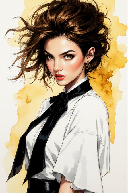 <lora:FFS_v.6:0.9> High-Energy Ink Wash Portrait. A striking woman with wild, voluminous brown waves stands in a dynamic pose, her crisp white blouse billowing as if caught in a gust of wind. A loosely tied black necktie adds a rebellious touch, contrasting sharply against the structured elements of her outfit. Her piercing gaze, framed by long lashes and expressive brows, is intensified by the dramatic splashes of golden ink that radiate from the background like an explosion of energy. The painterly texture, rich in thick brushstrokes and expressive ink splatters, infuses the scene with a sense of movement and raw artistic energy. This image, evocative of high-fashion editorial portraits fused with abstract expressionism, captures a powerful mix of elegance and untamed spirit, making it a visually striking statement of confidence and charisma.