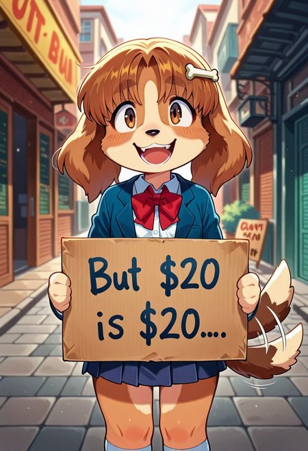 solo, 1girl, mugi, brown eyes, brown fur, furry, smile, open mouth, teeth, head tilted side, tail wagging, bone hair ornament, BREAK school uniform, white socks, blue jacket, white shirt, red bowtie, brown footwear, miniskirt, collared shirt, long sleeves, BREAK town streets, cowboy shot, outdoors, 20is20, holding sign, cardboard sign, standing, BREAK ((ultra-detailed)), ((best quality)), ((beautiful eyes)), ((extremely detailed)), 4K, (8K), best quality, (beautiful), Master piece, highres, best quality, official art, highres, masterpiece, detailed background, high quality background,