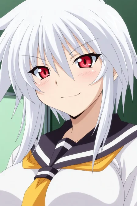 <lora:pugyuru_kanato_ilxl:0.8>masterpiece, best quality, pugyuru_kanato_ilxl, 1girl, solo, red eyes, white hair, upper boy, large breasts, breasts, yellow tie, smile, v- sharp brows, looking at viewer, 
serafuku, anime coloring, anime screencap