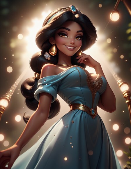 score_9, score_8_up, score_7_up,score_6_up, score_5_up, score_4_up ,1girl, solo, 
large breasts,
JasmineDG,
outdoors, light particles, bokeh, dim lighting, 
tiara, dark skin, 
smile, half closed eyes, from below, 
 <lora:Jasmine DG PonyXL-000003:1>