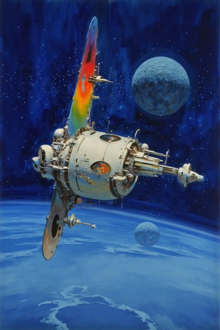 512x352
jober1 illustration.
A large, cylindrical satellite, primarily composed of metallic parts and featuring a sleek, aerodynamic design. The satellite has a colorful, rainbow-colored tail fin, transitioning from red at the top to orange, yellow, green, and blue at the bottom, giving it a vibrant and eye-catching appearance. The satellite is detailed with intricate, mechanical components visible, including large, round windows and various protruding modules. The satellite is above the atmospher of a blue planet. There is a blue moon in the background.
 <lora:jober1_cap_d6a3e12:1.0><lora:819114134089154246:0>