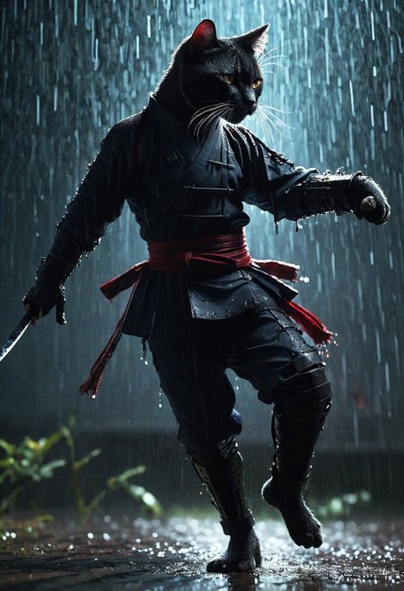 Fight Stance, drunken fist, high kick, a ghst Silhouette of a fluffy feudal armored shinobi cat in the Rain, Blood and water Fluids, proudly amidst a vibrant battlefield. Surround her with dynamic particles of Blood and gore, infront of the chaotic energy of a historical war scene.
very detailed, atmospheric haze, Film grain, cinematic film still, shallow depth of field, highly detailed, high budget, cinemascope, moody, epic, OverallDetail, gorgeous, 2000s vintage RAW photo, photorealistic, candid camera, color graded cinematic, eye catchlights, atmospheric lighting, skin pores, imperfections, natural, shallow dofintricate, elegant, fantasy art, portrait, dark, retro, ecstatic, plain, powerful, realistic, navy blue, dark color