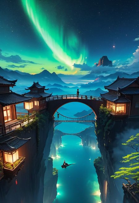 WLOP art style, Ghibli style, outdoors, The island floating in the air, gate,  human, bulding night, meteor star aurora , (low light), top-down view, firefly -ar 9:16, high saturation, high contract