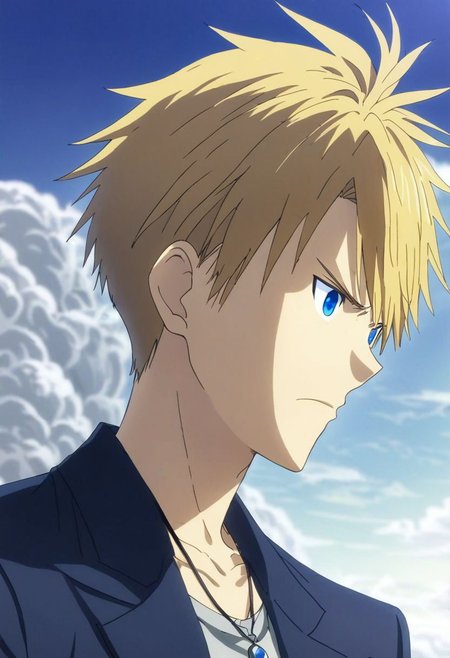high resolution, professional photography, solo, best quality, 1Boy, Yamato Ishida, Blond Hair, Deep Blue Eyes, Necklace, jump, free, clear sky, OverallDetail