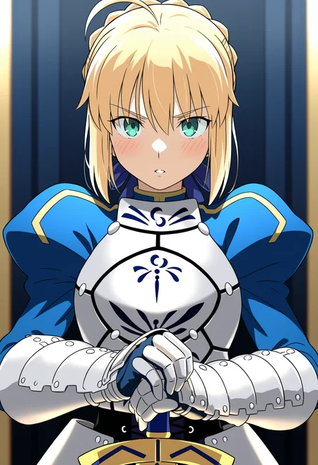 masterpiece,best quality,amazing quality,
1girl, artoria pendragon (fate), saber, solo, armor, blonde hair, ahoge, weapon, excalibur (fate/stay night), sword, green eyes, armored dress, breastplate, looking at viewer, braid, hair ribbon, ribbon, dress, bangs, long sleeves, gauntlets, blue ribbon, holding weapon, blue dress, holding sword, parted lips, puffy sleeves, sidelocks, holding, juliet sleeves, french braid, upper body, blush, hair between eyes,
 <lora:Ketsumoa:1>