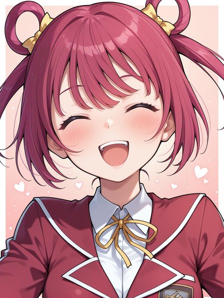 kaiho rin, 1girl, solo,  floating hair, open mouth, smile, upper body, blush, ^ ^, double yellow hair ribbon, duel disk \(yu-gi-oh! 5d's\), white border, duel academy uniform \(yu-gi-oh! 5d's\), red blazer, white collared shirt, yellow neck ribbon,
masterpiece,best quality,amazing quality,very aesthetic,absurdres,newest,<lora:Reika Hara & Kaiho Rin illusXL v1:0.72>,