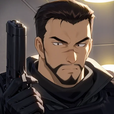 <lora:Red_Siamese_Cats_leader__Detective_Conan:1>, Red Siamese Cats leader, A serious anime-style male character in a tactical black combat uniform, wearing a black bulletproof vest with utility pouches, black gloves, and a communication device on his shoulder. He has short dark hair slicked back, a trimmed beard, and is holding a modern handgun. The setting is a dramatic, cinematic moment with strong lighting and a tense atmosphere
(very short hair, beard, bara, mature, facial hair, stubble, beard, full beard, sideburn, beard, a lot of beard, ), facial hair,male focus, muscular male, muscular male, bara, mature,  bara, mature, aixiwuganda_(20222192), very awa, masterpiece, best quality, absurdres, newest, perfect quality, detailed background, intricate details,
<lora:slider_Body Type_alpha1.0_rank4_noxattn_last:3><lora:Anime Summer Days 2 Style SDXL_LoRA_Pony Diffusion V6 XL:.6><lora:slider_cfg_scale_boost:.7><lora:Artist6p:.55>, Artist6p, Artist04p,<lora:slider_il_brightness_slider_d1:-1><lora:slider_il_contrast_slider_d1:-1><lora:slider_DarkSlider1.2_alpha1.0_rank16_full_300steps:-.6>