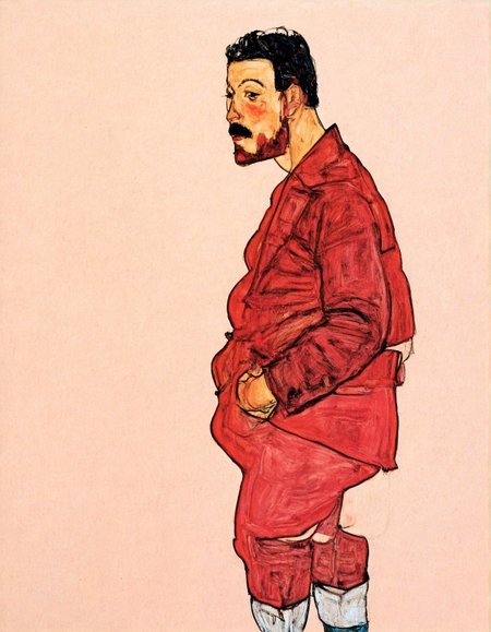 looking at viewer, short hair, simple background, black hair, long sleeves, 1boy, jacket, male focus, socks, pants, from side, profile, facial hair, traditional media, beard, hands in pockets, mustache, painting (medium), watercolor (medium),
