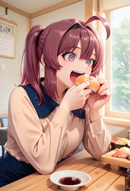 1girl, solo, masterpiece, best quality, newest, absurdres, CG, anime, source anime, illustration,  nyalia lora:Someone_Stop_Her_-_Manhwa__Illustrious:1>
BREAK 1girl, solo, Lynn Yu,brown hair, ahoge, black diadem, multicolored eyes, magenta eyes, black eye pupils, twin ponytails
beige shirt, black shirt collar, blue short skirt
dynamic pose, sitting, eating, happy, smiling, upper body, open mouth
indoors, restaurant, indoors, chair, window, japanese restaurant, counter, showcase, omakase, sushi plate, wooden plate, calendar (object) soy sauce, saucer
light particles, cinematic angle, alternate angles, alternate detailed background, beautiful background, (rays light:1.0),(grow:1.0)