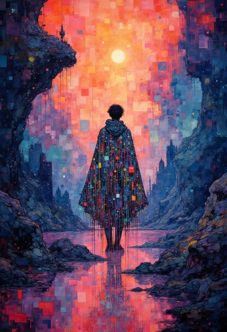detailed impressionist digital painting  Illustrate an interdimensional traveler with a cloak made of cascading prismatic waterfalls, each droplet reflecting infinite colors. Their presence causes the surrounding reality to warp and explode into surreal, volumetric waves of color. The backdrop is an ever-shifting void of explosive, radiant, chaotic textures that bleed into each other like living, vibrant oil paint.