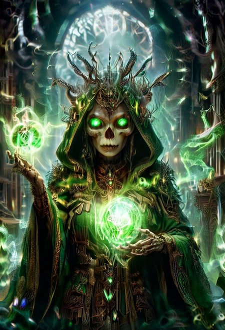 quality, intricate details, Mystical light. Fog. The feminine mage's appearance: evil and mystical, with spiky robes that seem made of green cloth with golden stitches. a ball in one hand and mysterious goat skull in another hand, Rubies, symbolizing their magical power. Glow. a dark evil gaze that hints at their ancient knowledge and mystical prowess. alchemical laboratory, blending the natural with the magical, Soft natural lighting, High Definition HD, High Detail, Perfect Composition, gothic horror film photography style, light grain,cry5t415ku11, orbstaff