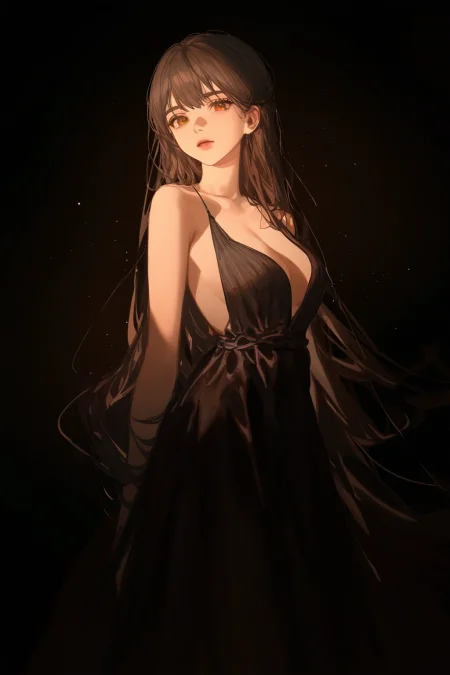 1girl , solo,  ask \(askzy\), miv4t,  cowboy shot,   from side,     dark background, cinematic lighting, looking at viewer,  covering, cleavage, long hair, floating hair,  evening gown ,   masterpiece, best quality, very aesthetic, very awa, highres, absurdres, newest