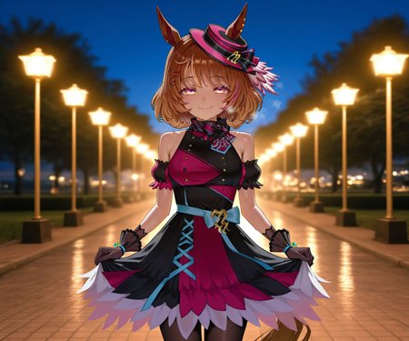masterpiece, best quality, amazing quality, very aesthetic, high resolution, ultra-detailed, absurdres, newest, scenery, 
1girl, umamusume, north flight \(umamusume\), sweat, wet, steaming body, horse tail, horse girl, gradient hair, 
hat, skirt, gloves, sleeveless dress, black pantyhose, black footwear, bare shoulders, hairclip, bow, ribbon, 
outdoors, park, night, standing, straight-on, 
cowboy shot, looking at viewer, smug, <lora:northflightillv1:1>,, glowing, colorful, photorealistic, shiny_skin,dutch angle, <lora:arcain-2411:0.4>,, HDR,photo background,detailed eyes,detailed hands,detailed clothing,detailed shading,dim lighting,chiaroscuro,BREAK depth of field,masterpiece,best quality,amazing quality,very aesthetic,high resolution,ultra-detailed,absurdres,newest,scenery,volumetric lighting,