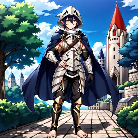 masterpiece, best quality, sharp aliasing, highly detailed, Quality, High Definition, <lora:EPfeCorrinPony:1>EPfeCorrin, blue cape, armour, black gloves, black pants, wearing pants, outdoors, day, stone ground, tree, bush, buildings, barefoot, toeless legwear, armoured legwear, stirrup legwear, 5 toes <lora:Amajiki_Tamaki__Pony:1>Tamaki Amajiki, pointy ears, red eyes, dark blue hair, hair between eyes, hood, mask, male, male body, sword, standing <lora:feet_anime_pony_v2:1>feet, dark blue toenails