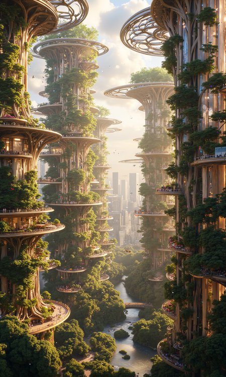 Colossal solar-powered skyscrapers, shaped like towering crystalline trees, dominate a futuristic cityscape. Their facades are covered in iridescent photovoltaic leaves that shimmer in the sunlight, constantly adjusting to maximize energy absorption. At the base, tiny human figures navigate lush hanging gardens and elevated walkways that weave between the structures. Massive vertical farms spiral up the buildings, providing fresh produce for the city's inhabitants. Holographic butterflies flit between floors, indicating optimal air quality. The skyscrapers' roots plunge deep underground, connecting to a vast geothermal network. Misty waterfalls cascade from mid-level terraces, feeding into a winding river ecosystem below. Flying electric vehicles buzz quietly around the upper levels. The entire scene is bathed in a warm, golden light, emphasizing the harmonious blend of nature and technology. 8k resolution, hyper-realistic, intricate details, architectural marvel. <lora:Kodak Motion Picture Film style v1:0.8> <lora:aidmaMJ6.1-FLUX-v0.4:0.9> <lora:flux_dev:1>