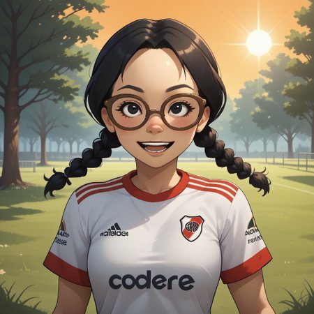 score_9, score_8, BREAK, solo, mii, wii, black eyes, brown glasses, small nose, half circle nose, big mouth, open mouth, teeth, mole under mouth, black hair, low braids, RiverPlate, striped shirt, striped, shirt, white shirt, short sleeves, clothes writing, sportswear, soccer uniform, black pants, shoes, blush, 1girl, female mii, cute, medium breasts, keiko_(\Wii_Sports\), wii Sports, Nintendo Mii, modern_mii, classic_mii, sexy pose, self portrait, smile, outdoors, sunlight, shadows, evening lighting, natural lighting, forest, trees, grass, orange sky, sunset