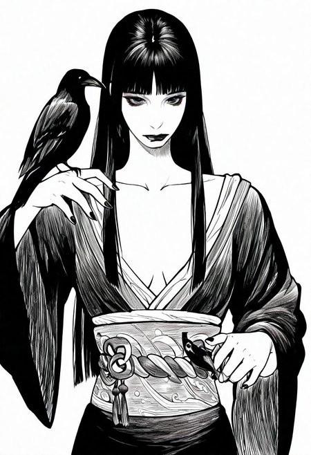 1girl, solo, Monochrom 
1girl, animal on arm, bird, bird on hand, black hair, black lips, blunt bangs, closed mouth, crow, greyscale, hatching \(texture\), hime cut, japanese clothes, kimono, lipstick, long hair, long sleeves, looking at viewer, makeup, monochrome, nail polish, obi, obiage, obijime, sash, sketch, solo, straight hair, traditional media, upper body, white background, wide sleeves