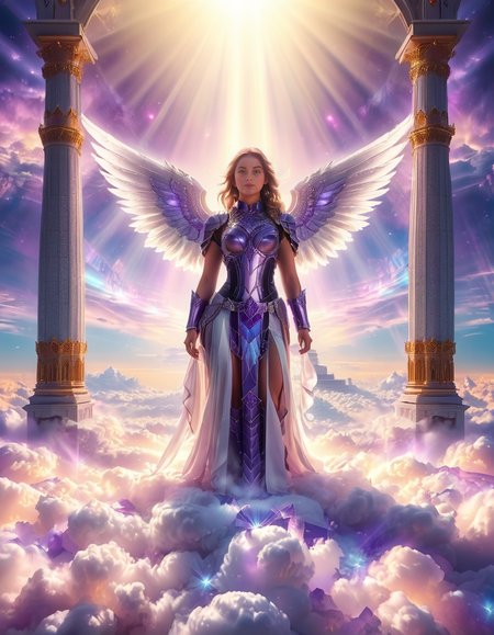 <lora:sky_t3mpl3:1>,cowboy shot,(looking at viewer:1.6),
A fierce warrior angel standing on clouds in front of a majestic celestial sky temple,sky t3mpl3.(arms behind back:1.3), She wears futuristic, sleek black armor with purple accents, blending fantasy and sci-fi elements. Her armor is adorned with glowing, purple gemstones at her chest and shoulders, radiating a soft light that matches the ethereal surroundings. Large, metallic angel wings with a high-tech design extend from her back, with white feathers and metallic frames, combining elegance with strength. She looks directly at the photographer with an intense, focused gaze, creating a powerful connection with the viewer. Behind her, the grand temple is made of gleaming, white stone and crystal pillars, floating among the clouds, illuminated by soft rays of heavenly light. The sky is filled with a soft pink and purple glow, casting a serene yet powerful atmosphere around this divine guardian.<lora:SDXLFaeTastic2400:0.4> <lora:extremely_detailed:0.4> extremely detailed,, Masterpiece,best quality,hi res,8k,hi res,8k,award winning,(sharp focus, intricate, highly detailed),