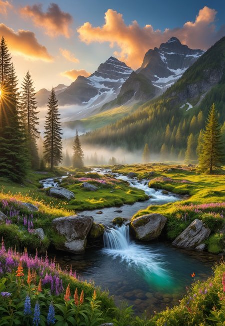 majestic mountain landscape, glowing waterfalls, crystal-clear lakes, lush green forests, vibrant wildflowers, soft sunlight filtering through tall trees, rolling hills, serene meadows, misty valleys, colorful butterflies, gentle river flowing, birds soaring in the sky, ethereal fog, distant snow-capped peaks, magical forest clearing, vibrant colors, enchanted forest, peaceful atmosphere, morning dew, golden hour lighting, fantasy nature scenery
 (8k uhd:1,4)
 <lora:add-detail-xl:1>
 <lora:Dynamic Poses:1>