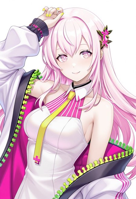 masterpiece,best quality,highres, absurdres, ion_miruna, 1girl, solo, pink hair, pink eyes, long hair, medium breasts,  default_ion, necktie, collared dress, white dress, bare shoulders, hair ornament, hair flower, nail polish, sleeveless, nail polish, yellow nail, ion_coat, coat, off shoulder, zipper, long sleeves, open coat,  upper body,  arm up, facing viewer, smile,