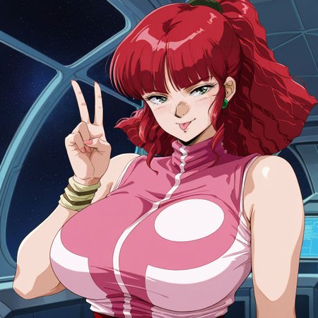 masterpiece, best quality, amazing quality, very aesthetic, absurdres, newest, scenery, depth of field,  ,     smooth skin, highly detailed, blurry background
,curvy, huge breasts,  , mature female,
  facing viewer,
science fiction architecture, space, indoors,  ,
1girl, solo
<lora:spo_sdxl_10ep_4k-data_lora_webui:0.5> retro artstyle, 
 seductive smile,v, close-up portrait  tongue out closed mouth, 
<lora:Jung_Freud_-_Gunbuster_ILXL:1> jungfreud, red hair, ponytail, green eyes, jewelry, bangs, leotard,