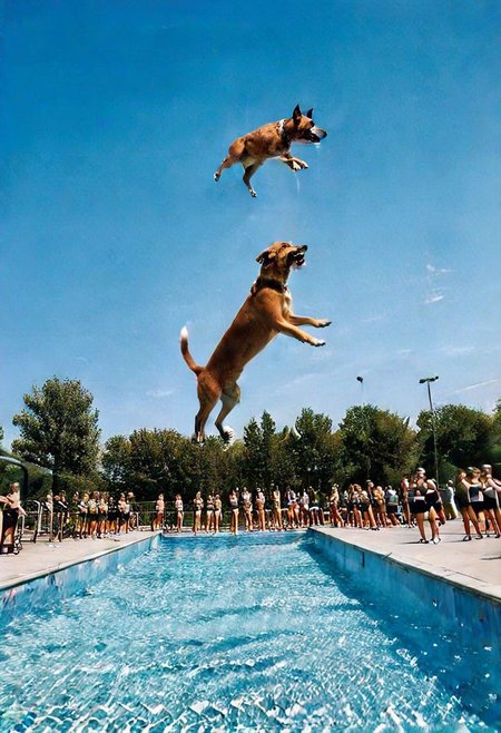 F-B-C, foreground: a dog looking up with its mouth open, background: people jumping off a pool diving platform, effect: people jumping into the dog's mouth