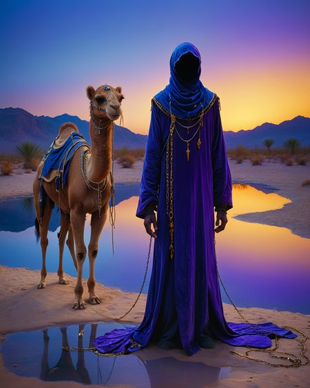hooded human sorcerer standing at a desert oasis, purple velvet, chains, water, reflections, blue hour, intense colors, high contrast,
facing camera, camel, warriors, (intense colors:1.7), <lora:add-detail-xl:1.0>,  <lora:xl_more_art-full_v1:0.4>,  <lora:XSfenlie:1> fenliexl, <lora:lora:1>, realistic photo
