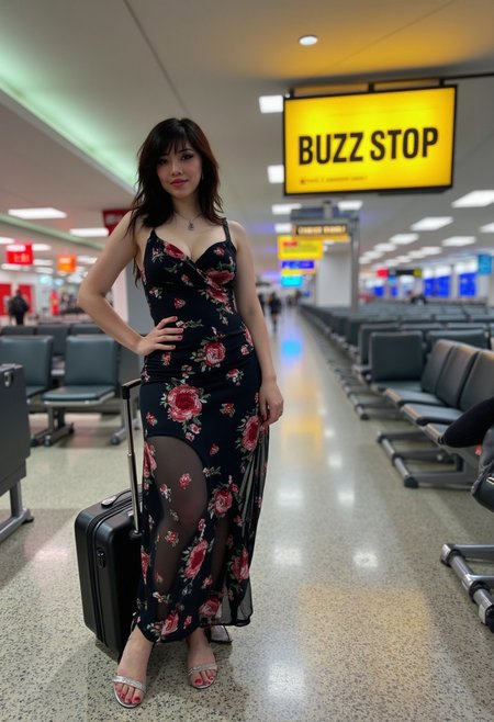 A 24 year old beautiful american gothic emo woman, is at the airport waiting for her plane. At the boarding gate there is a big billboard with the following words: "BUZZ STOP". The woman has middle sized breasts and is wearing a floreal dress with low neckline,sandals, jewlery, slutty make up. The gate has just openedbut people are distracted by the beautiful woman.