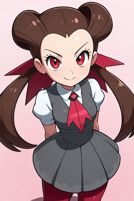 masterpiece, best quality, 1girl, solo, 21 year old model, eyelashes, (beautiful eyes), zzRoxanne, roxanne (pokemon), red eyes, long hair, brown hair, twintails, hair pulled back, pantyhose, ascot, grey dress, short sleeves, ribbon, shirt, hair ribbon, <lora:RoxannePokemonIXL:1.0>, from above, dynamic pose, cowboy shot, smile, looking at viewer, shiny skin,<lora:LandidzuStyleIXL:1.0>,