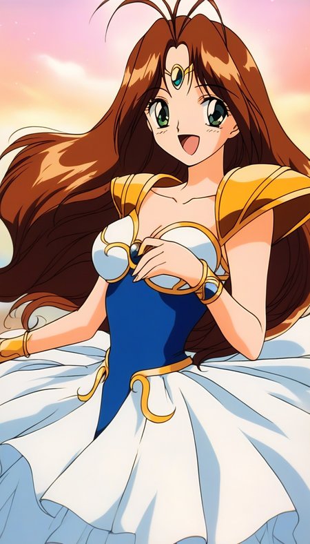 score_9, score_8_up, score_7_up, source_anime, rating_explicit, BREAK <lora:Tanima_Yuri_XL:1>Tanima_Yuri, 1girl, solo, long hair, brown hair, green eyes, antenna hair, breasts, 1990s (style), anime coloring, smile,
solo, armor, shoulder armor, open mouth, jewelry, pauldrons, shoulder pads, skirt, collarbone, white skirt, bracelet, blue eyes, retro artstyle, dress, circlet, very long hair, looking at viewer, upper body
day, sky, outdoor,