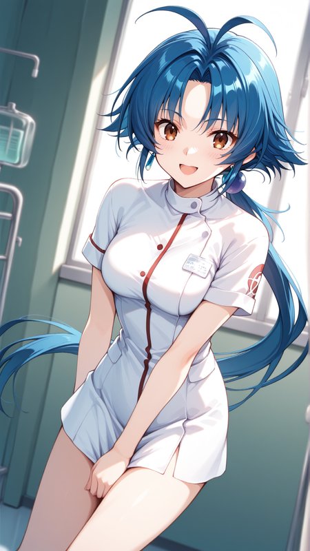 source_anime, general, best quality, masterpiece, 1girl,  <lora:Aria_Advance_ill_v1.1:1> aria_advance\(srw\), brown eyes, blue hair,medium breasts,long hair,low ponytail , jewelry,earrings,nurse, happy, (embarrassed:0.8),  dynamic pose, dutch angle,