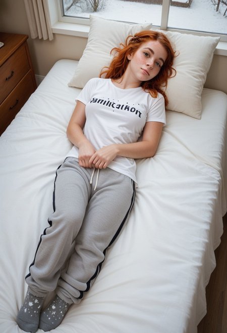 score_9, score_8_up, score_7_up, 1girl, solo, ginger hair, french braid, perky breasts, freckled skin, t-shirt, sweatpants, wool socks, in bedroom, laying on bed, laying on back, head on pillow, looking at viewer, window, strong heavy snowfall outside, full body, from above