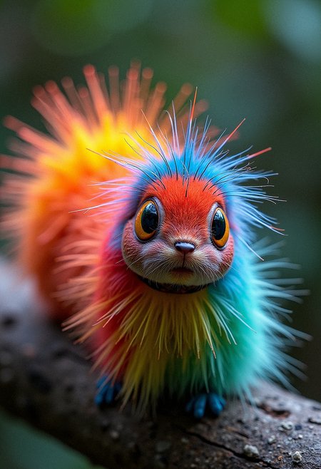 furry caterpillar, rainbow colored fur


