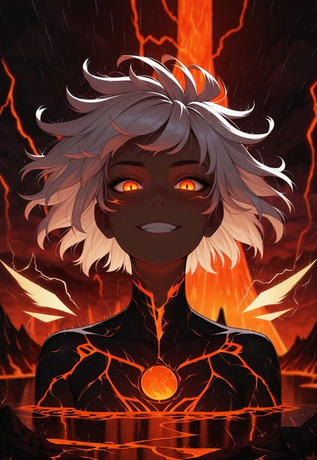 masterpiece, absurdres, best quality, very aesthetic, very awa, p0nyd1sney1ncasev1x0n2:1.5, 1girl, 25 years old, perfect face, 
detailed face, portrait, face focus, depth of field, looking at viewer, shy smile, (close up),
orange eyes, glowing eyes,
dark skin,
glowing tattoo, energy wings,  
white hair, messy hair, floating hair,
lava, dark, volcano, energy, magic, clouds, glowing,  lightning, steam, rain, storm, electrokinesis