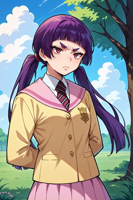 score_9, score_8_up, score_7_up, score_6_up, source_anime, 1girl, solo, <lora:kamikiizumo-pdxl-nvwls-v1-000006:1> izumokamiki, eyebrows, dark purple hair, low twintails, blunt bangs, red eyes, striped necktie, collared shirt, pink sailor collar, yellow blazer, white shirt, lavender skirt, breasts, arms behind back, annoyed, rolling eyes, blue sky, clouds, trees, field
