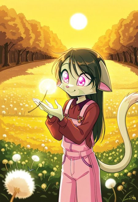 score_9, score_8_up, score_7_up,lilith_calah,
1girl,solo,furry,tail,dark green hair, source_furry,
 ,<lora:lilith_calah_illustrious:0.8>,
child, kid,
blowing a dandelion puff, seeds floating around her like glitter under golden-hour sunlight, her hair glowing softly., dandelion, blowing, glitter, golden_hour, smile, happy, cute, overalls, outdoor, nature, peaceful, pastel_colors