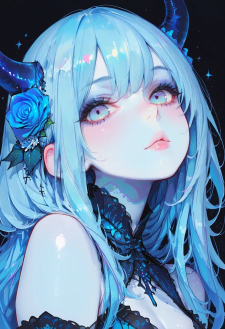 masterpiece, best quality, no lineart, no outline, 1girl, solo, long hair, looking at viewer, blue eyes, hair ornament, flower, horns, hair flower, lips, colored skin, black background, blue flower, blue theme, blue skin, blue rose, blue horns, impressionism,traditional media, painting \(medium\),dynamic pose,close up
<lora:DetailedEyes_V3:1> <lora:USNR_STYLE_ILL_V1_lokr3:0.6> usnr <lora:ponyv6_noobV1_2_adamW:0.45>  <lora:noobai_vpred_1_masterpieces_v1:1> masterpiece, best quality, very awa, absurdres <lora:748cmSDXL:0.7> 748cmstyle <lora:MoriiMee_Gothic_Niji_Style_Illustrious_r1:0.6> artist:moriimee <lora:INCASE_v2.0:0.7>