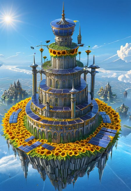 castle,
A traveler looking at a gigantic castle made of dozens of towers, medical, white, grass,matchcraft floating island , floating island, towers , sky , fly , cloud, solar punk,solarpunk ,solar panels, (sunflowers), rainbow