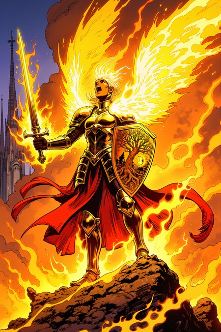 A phoenix knight blazes in the sunlight, her movements leaving trails of golden fire in the air. Her sword is wreathed in sacred flames that burn with redemption's light. The heat of her conviction creates mirages around her form. Her helmet takes the form of a phoenix in mid-scream, complete with flames that ripple through its metal feathers. Her armor bears the sigil of the Dawn Concordat - a sun rising over a burning sword - with plates that shift like feathers when she moves. Her shield pulses with inner fire, bearing a tree whose branches reach for a burning sun while its roots grasp a crescent moon. The spires of the Solar Cathedral pierce the clouds behind her. , detailed background  Fantastic lighting. Detailed shadows.intricate details, vivid colors, hyper-detailed, ultra-sharp,meiman_style,This is a retro comic book style digital illustration,  <lora:å¤å¤ç¾æ¼«v2:0.4><lora:Vintage comic book:0.4><lora:RetroAnimeFluxV1:0.15><lora:Greg_Capullo_style:0.4><lora:jeanClaude_Mzires_Style_FLUX-000001:0.4><lora:Flux_Ink_Anime:0.4>
