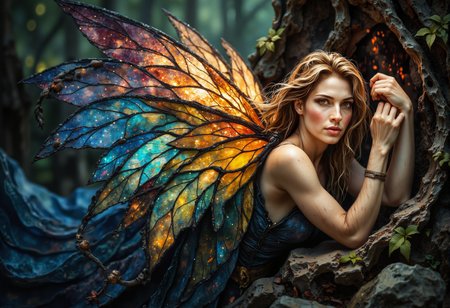 ArsMJStyle, Stained Glass,dark fantasy, eerie,. (A Medium shot :1.5) of a breathtaking young elf with delicate, stained glass butterfly wings, glowing softly as they catch the light. She is lying elegantly on the forest floor, her wings cascading behind her like a stained glass waterfall . Her skin is smooth, flawless, and radiant, with a soft, silky texture and no visible imperfections. The stained glass wings shimmer with intricate patterns, capturing the light like a prism. Her expression is serene, with a gaze filled with quiet wonder, while her flowing hair dances in the wind . Highly detailed, photorealistic, sharp focus, volumetric lighting, realistic shadows, ultra-high definition, and cinematic atmosphere. , <lora:StainedGlassFlux.safetensors:1.0:1.0> <lora:fantasy-flux-v1.safetensors:1.0:1.0> <lora:Flux Darkfantasy_epoch_1.safetensors:0.75:0.75>