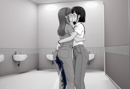 2girls peeing self, wetting pants, pee pants, pee stream, hugging, kissing, pissing, touching, masterpiece artwork.