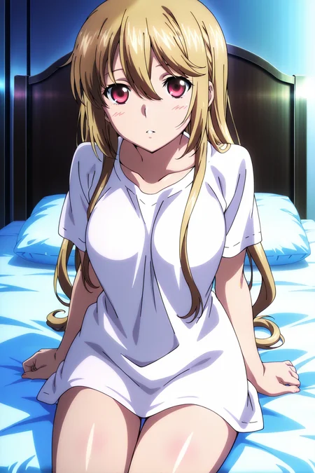 anime screenshot, strike the blood, 1girl, solo, aiba asagi, blonde hair, long hair, straight hair, red eyes, medium breasts, white shirt, t-shirt, naked shirt, oversized shirt, short sleeves, looking at viewer, sitting, parted lips, cowboy shot, indoors, bed, on bed, masterpiece, best quality, high quality, highres, absurdres,  <lora:aiba_asagi_ILXL:0.9>