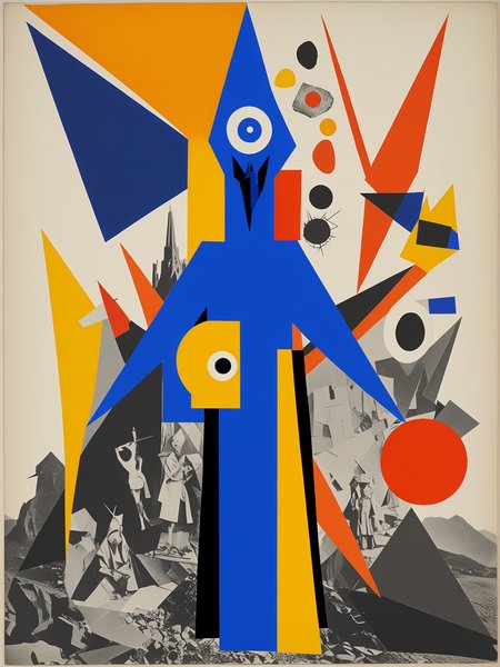 depict the crass nature of religion using photographic images, Dynamic,Energetic composition, abstract,assemblage, dadaism by Lyonel Feininger,Hannah Höch,Fried-Hardy Worm, <lora:DeconDada:1>, Cobalt blue,Orange-yellow,Maximum yellow red,Pale silver,Alloy orange color pallet