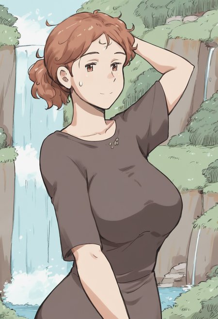 score_9, score_8_up, score_7_up, 1girl, large_breasts, mature_female, portrait, solo, looking_at_viewer, open_eyes, Standing with one arm raised, panorama, (Burgundy gakuran), messy hair, ponytail, Copper hair, waterfall, close-up, rating_safe, <lora:pony\artist_styles\mizuiro_megane_pony:1.0>