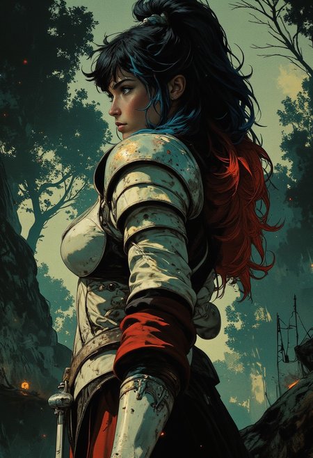 stunning female korean templar knight, long multicoloured hair (dark with blue and red highlights), helf-helm, bangs, dark eyeshadow, red lips, white and red plated armour, standing  in a misty forest swamp, closeup  profile image, High Detail, Perfect Composition, in shadow with shafts of light, high contrast, silhouetted, chiascuro